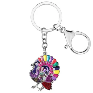 Thanksgiving Enamel Alloy Floral Turkey Chicken Keychains Jewelry Key Ring Gifts - Picture 1 of 11