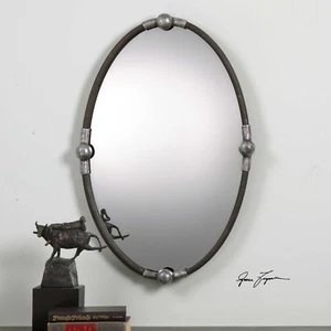 RESTORATION WESTERN INDUSTRIAL BURNISHED RUST BLACK IRON WALL VANITY MIRROR   - Picture 1 of 4