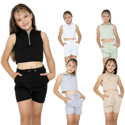 SERGIO ITALIA Mädchen 2 Teiler Crop Top Jogging Fitness Kinder Ärmellos Jogginghose Trainingsanzug Set