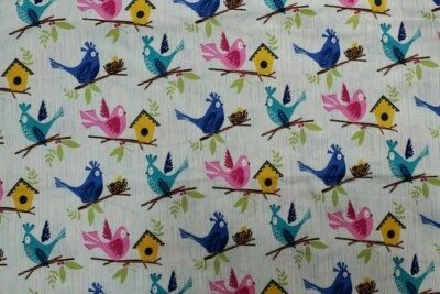 19"x42" 100% cotton, Michael Miller Fabrics, Birdhouses, Pink & Blue Birds - Image 1 of 2