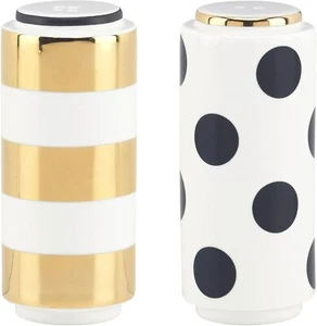 Kate Spade Lenox Fairmount Salt Pepper Shakers Polka Dot Gold Stripe Retired - Picture 1 of 3