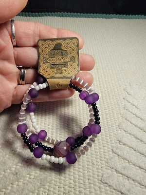 Purple frosted  Glass, Czech Beads and cats eye beads on  Memory Wire Bracelet - Image 1 of 3