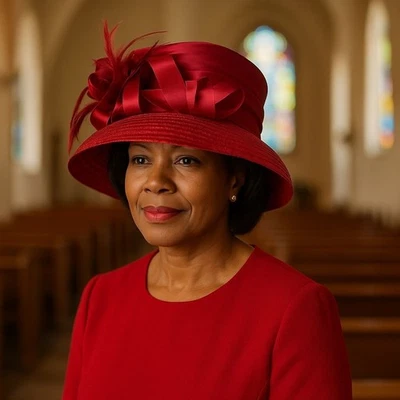 Sombrero de paja rojo ala ancha de colección elegante iglesia dominical moda cinta satinada plumas Foto 1 de 4