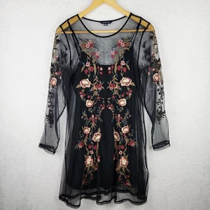 Dark Romantic Mini Dress M Mesh Line Knit Long Sleeve Colorful Floral Cottage - Picture 1 of 10