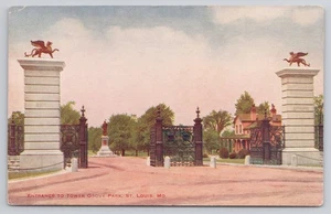 Entrance to Tower Grove Park St. Louis MO Missouri Statue Vintage Postcard - Picture 1 of 2