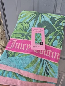 Juicy Couture Beach Towel 6 Feet 35” x 72” 100% Cotton Jacquard Green Blue Palms - Picture 1 of 6
