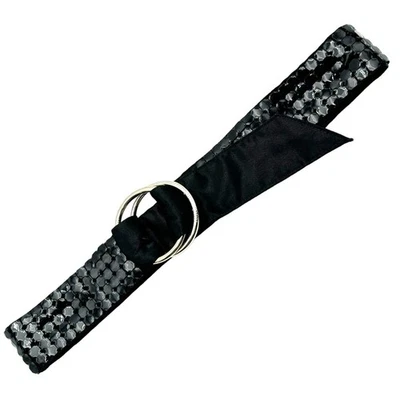 Cinturón de corbata SHIH SHIH Stephanie Lin negro satinado lentejuelas metal plateado 40" y2k Foto 1 de 4