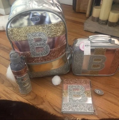 JUSTICE блестящая полоса первоначальный рюкзак инициалы: «B» обед сумка с короткими ручками, бутылка для воды, - Изображение 1 из 4
