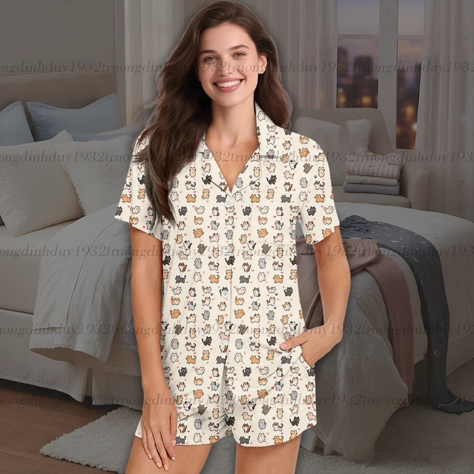 Conjunto de pijama casal gato, roupa de dormir de algodão macio, presente combinando para amante de animais de estimação - Imagem 1 de 4