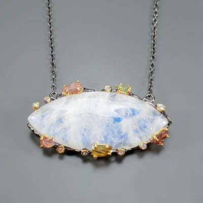 Joyería 70 ct+ Collar Piedra Lunar Natural Plata de Ley 925 17.75"/N27607 Foto 1 de 4