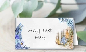6 Peter Rabbit Blue Floral Personalised Food Labels or Table Place Name Cards - Picture 1 of 4