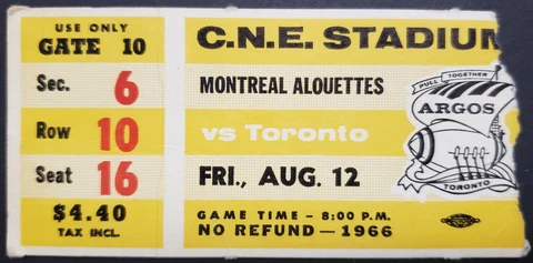 1966 C.N.E. Stadium Montreal Alouettes vs Toronto Argonauts CFL Football Ticket Cover