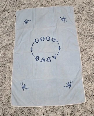 Antigua manta de recepción de algodón azul a cuadros "Good Baby" ribete satinado 36x24 Foto 1 de 4