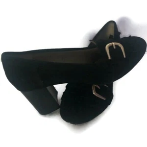 Adrienne Vittadini Womens Black Suede Ginty Fringe Toe Pump Buckle Shoes 7.5 M - Picture 1 of 10