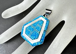 JE Signed Southwestern Sterling Silver Turquoise Blue Fire Opal Inlay Pendant - Picture 1 of 5