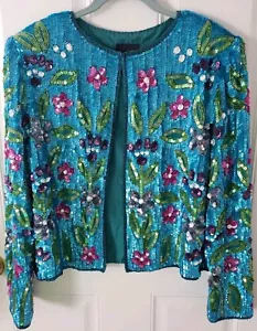 Vintage Mary McFadden LARGE Sequin Turquoise SILK Beads Jacket Floral Mardi Gras - Picture 1 of 12