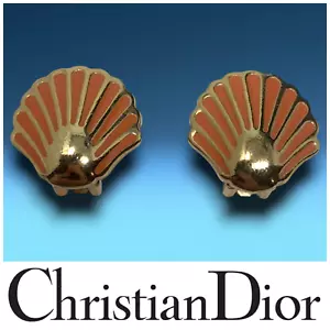 Vintage 1980's Christian Dior Coral Enamel Gold Tone Shell Fan Clip On Earrings - Picture 1 of 7