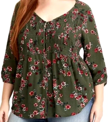 Top de rayón floral verde oliva tórrido con botones delanteros para mujer 3X Plus Boho Prairie Foto 1 de 4