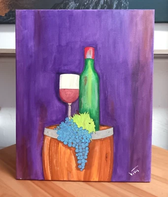 Botella de Vino Uvas Original Pintura Acrílica Lienzo Firmado PVytautas 20x16 Foto 1 de 4
