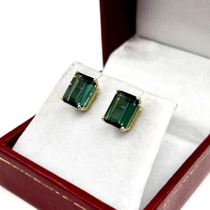 18k Yellow Gold Emerald Cut Green Tourmaline 7mm x 9mm Stud Earrings (LO1017411) - Picture 1 of 8