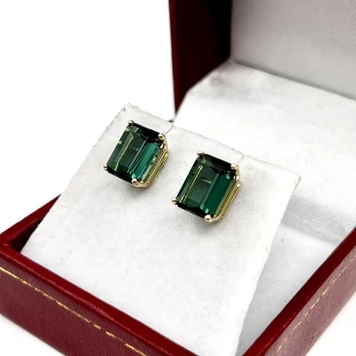 18k Yellow Gold Emerald Cut Green Tourmaline 7mm x 9mm Stud Earrings (LO1017411) - Image 1 of 4