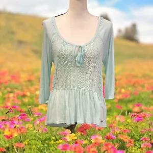 Hollister Womens Crochet Blouse Size S Mint Green 3/4 Sleeve Tassel Tie - Picture 1 of 15