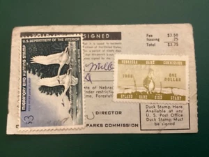 ICOLLECTZONE US RW33 Duck stamp 1966 & Nebraska Hunting stamp on license bright - Picture 1 of 2