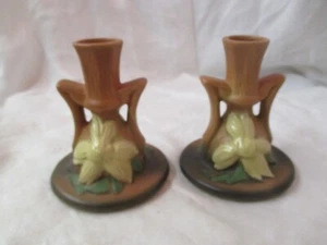 Vintage Roseville Art Pottery pair brown Candle Holders Clematis #1159 416 - Picture 1 of 4