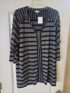 Ava James Womans Blouse Top 2X black gray stripe silky zippered front poly blend - Picture 1 of 3