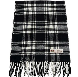 Men 100% CASHMERE SCARF Made in England Soft Wool Wrap Plaid Black & Cream #V09 - Picture 1 of 3