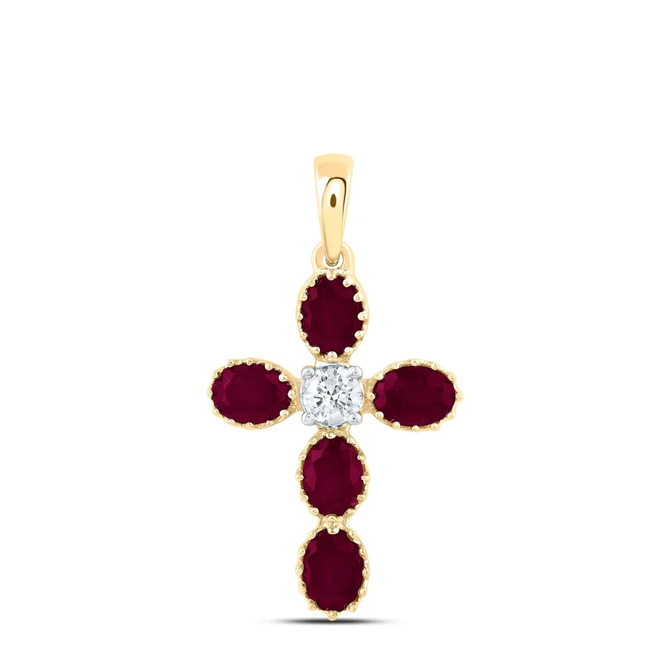 14K Yellow Gold Diamond 1/10 CTW Religious Cross Charm Pendant Ruby 7/8 CT - Image 1 of 1