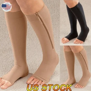 US Compression Thigh Slimming Sock Leg Support Zip-Up Open Toe Knee Stocking New - Picture 1 of 13