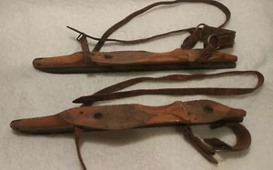 Antique Ice Skates, Victorian Age, Wood with Steal Blades, leather straps. Adult - Picture 1 of 9