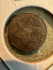 1861 Silver Three Cent Type 3 Trime - Two Outlines to Star -AU - Picture 1 of 2