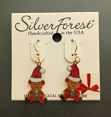 Pendientes colgantes de oso de peluche bosque plateado Navidad sombrero de Papá Noel estrás esmalte Foto 1 de 3