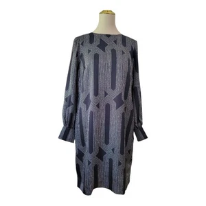 JAEGER Pure Silk Geometric Shift Midi Dress Blue & White Womens Size 10 - Picture 1 of 8