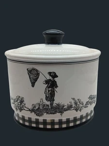 Waverly County Life Ceramic Lidded Container Black White Toile Small Bath - Picture 1 of 21