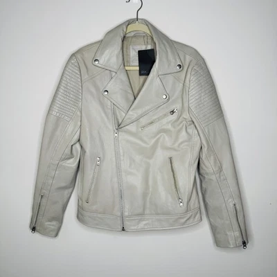 NWT Asos Grey Leather Moto Biker Jacket Mens S Zip Pockets Asymmetric Zip Quilte - Image 1 of 4