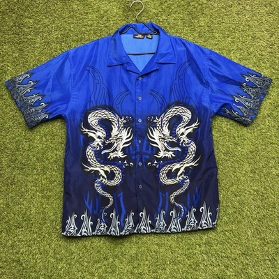 Y2K Japanese Dragon Shirt Mens XL Polyester Button Up Collared Vintage Grunge - Image 1 of 4