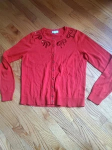 Vintage Charter Club Red Sequin Bow Buttons Cardigan Sweater Petite Medium - Picture 1 of 10