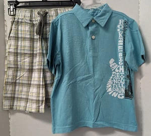 GYMBOREE Boys Sz 6 Aqua Polo Style Shirt & Plaid Shorts Elastic Waist EUC - Picture 1 of 6