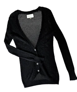 Brochu Walker Long Cardigan Sweater Black Open Knit Deep V Neck S - Picture 1 of 6