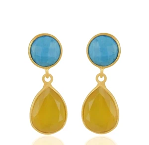 2 Stone Earrings Yellow Gold Plated Turquoise & Yellow Chalcedony Dangle Earring - Picture 1 of 5
