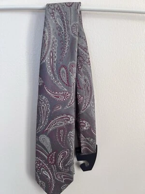 Gravata de seda vintage Oleg Cassini luxo anos 70 anos 80 discoteca rosa cinza poliéster - Imagem 1 de 4