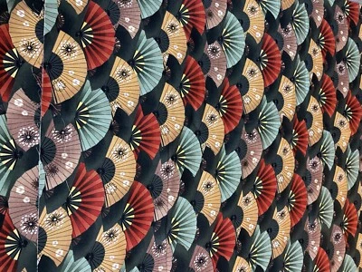 Fabric Lot 3 Yards 33 Inches 43 W Geiko Fans Oriental Dark Multicolor One Way - Image 1 of 4