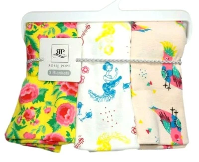 ROSIE POPE 3шт пеленки одеяло Джерси эластичный хлопок комплект цветочный гитара птица новый с Ярлыками - Изображение 1 из 4