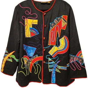 Unique Vintage Women's Allure Artsy Jacket Size 1X Black Embroidered Colorful - Picture 1 of 11