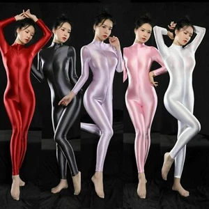 Damen Body Overall Satin Glänzend Catsuit Zipper Offen Jumpsuit Langarm Bodysuit - Bild 1 von 19