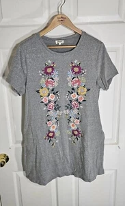 Umgee T Shirt Dress Womens Size Large Gray Floral Embroidered Pockets - Picture 1 of 7