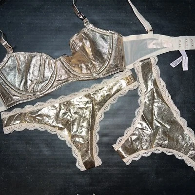 Victoria's Secret JUEGO SUJETADOR 30B,30C XXS lote tanga lámina DORADA IMITACIÓN CUERO Foto 1 de 4